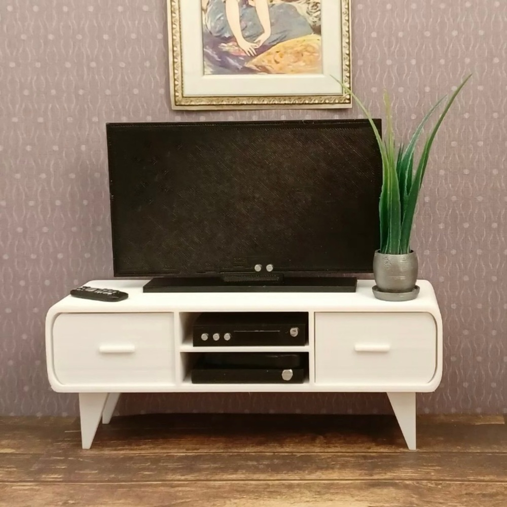 TV CONSOLE For BARBIE mid-century modern WHITE décor FURNITURE